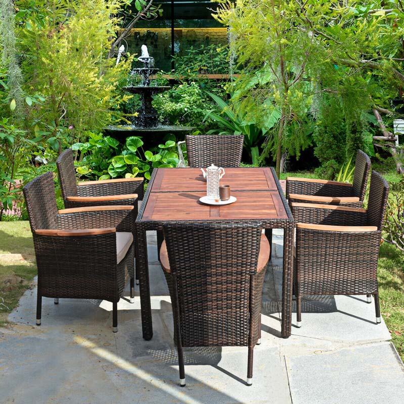 7 Pcs Rattan Outdoor Dining Set with Acacia Wood Tabletop & 6 Stackable Cushioned Armchairs