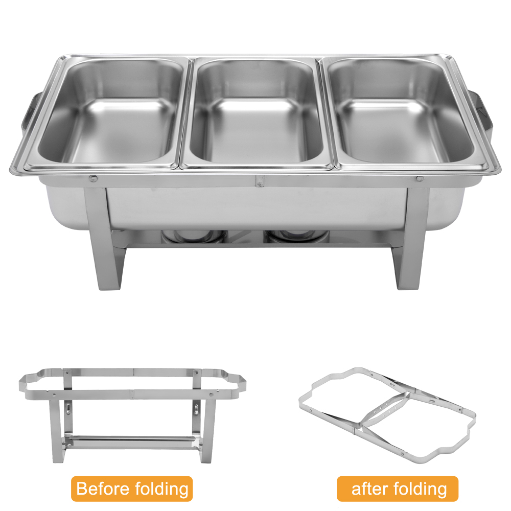 ROVSUN 2 Packs Stainless Steel Chafing Dishes Buffet Set with 3 1/3 Size Food Pans， Foldable Frame， 8 Quart Rectangular Catering Chafer Set