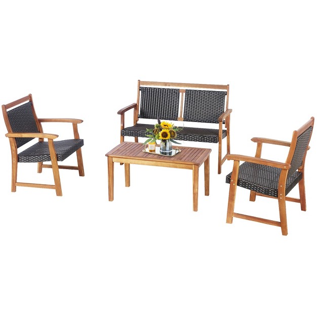 Tangkula 4pcs Patio Rattan Furniture Set Cushioned Loveseat amp Table Set W acacia Wood Frame