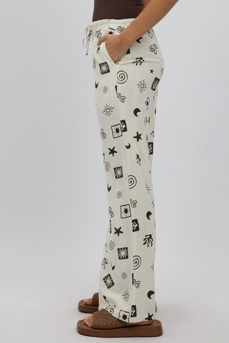 Beige Abstract Wide Leg Pants High Rise