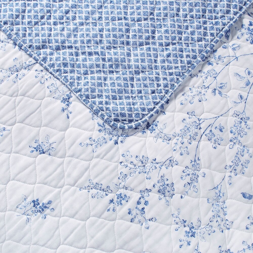 Laura Ashley Flora Cotton Reversible Blue Quilt Set