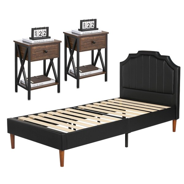 Taomika 3-Pieces Faux Leather Upholstered Platform Bed and Nightstands Sets - - 34844819