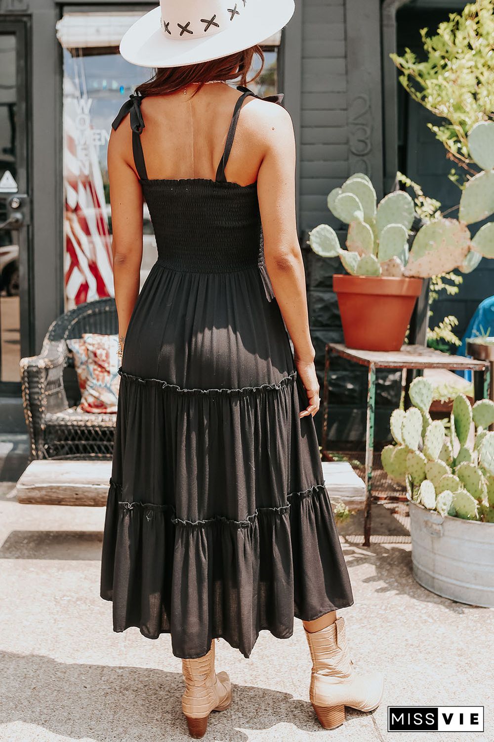 Black Tie Strap Smocked Frill Tiered Midi Dress