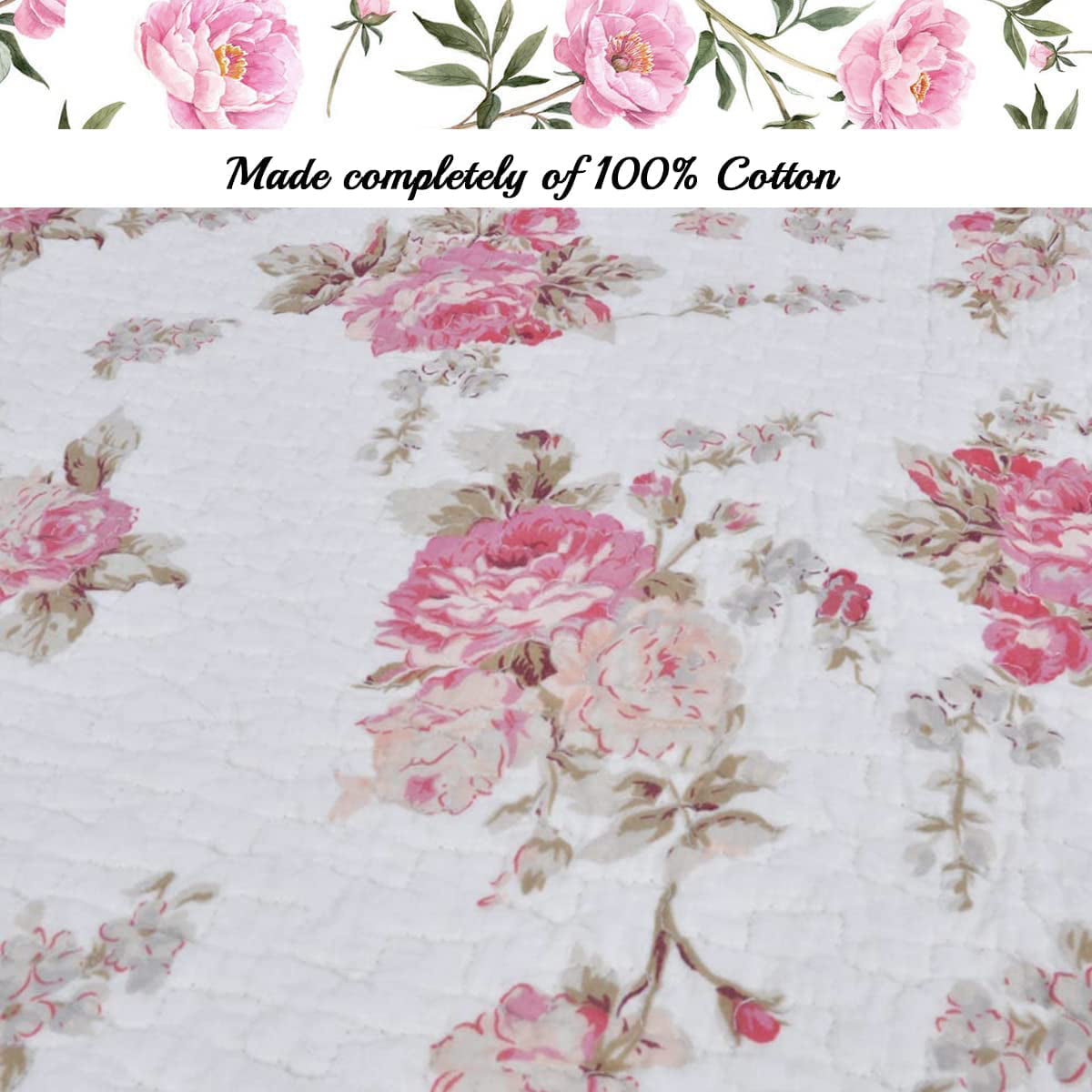 Cozy Line Shabby Chic Spring Rose 100% Cotton 3-Piece Quilt Set， Queen Set