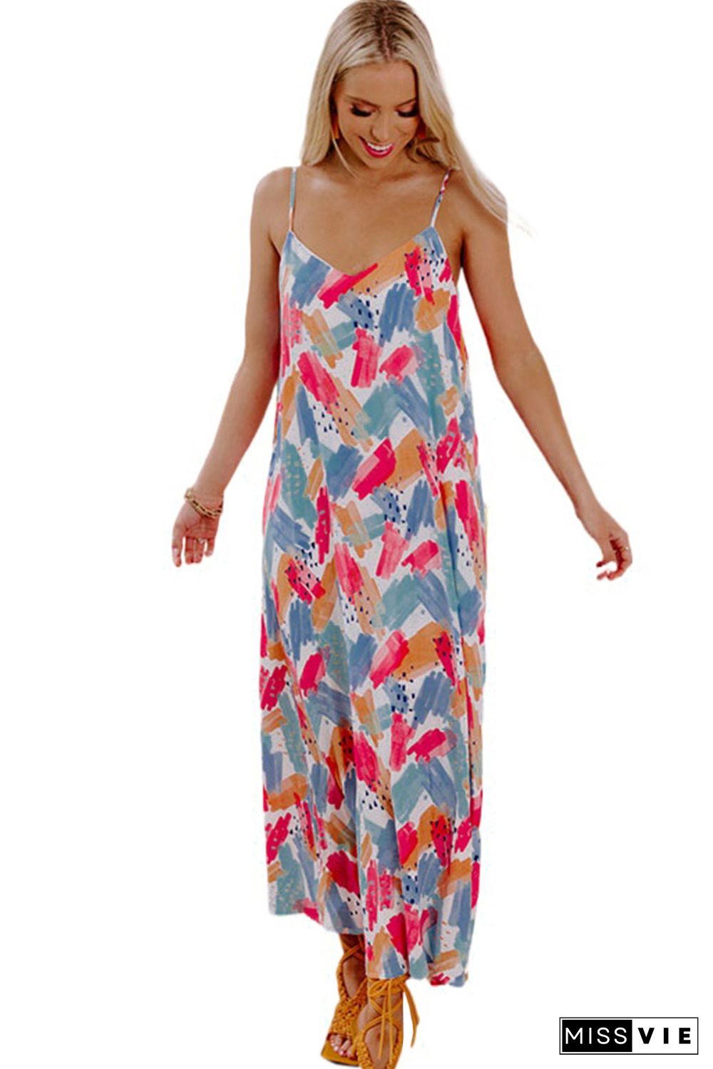 Multicolor Abstract Print Spaghetti Straps Maxi Dress