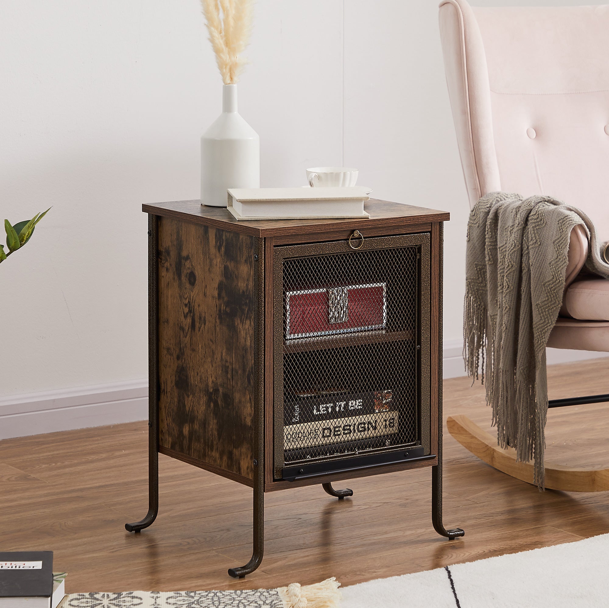 VECELO Nightstand with Pull-out Shelf and Mesh Cabinet, Side End Table for Bedroom, Living Room, Brown