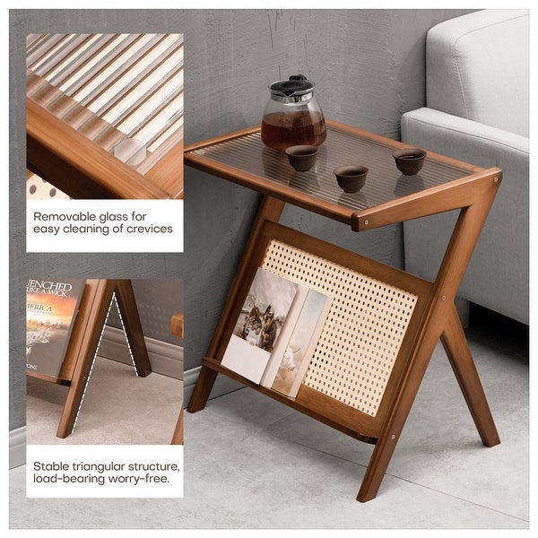 Bamboo Glass-top End Table with Rattan-like Magazine Rack