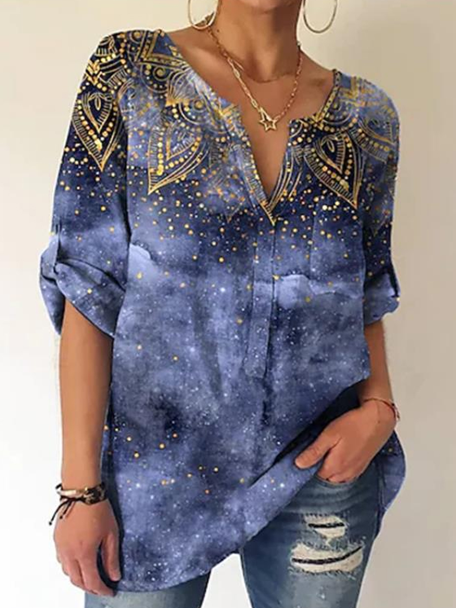 Casual Vintage Print V-Neck Long Sleeve Blouse