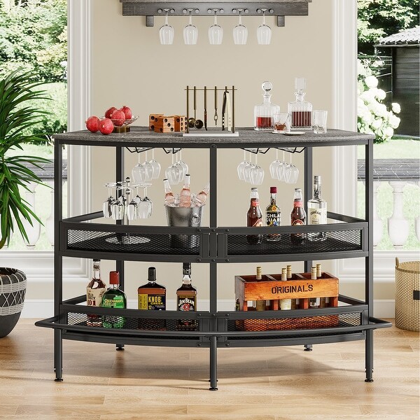 3-Tier Home Bar Unit with Storage Shelf，Wine Liquor Bar Table with Stemware Racks and Footrest for Home Pub