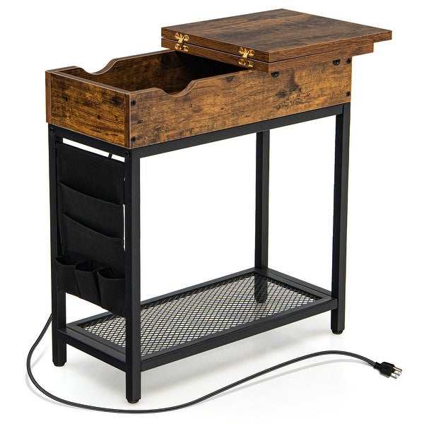 Gymax End Table with Charging Station Industrial Nightstand Flip Top