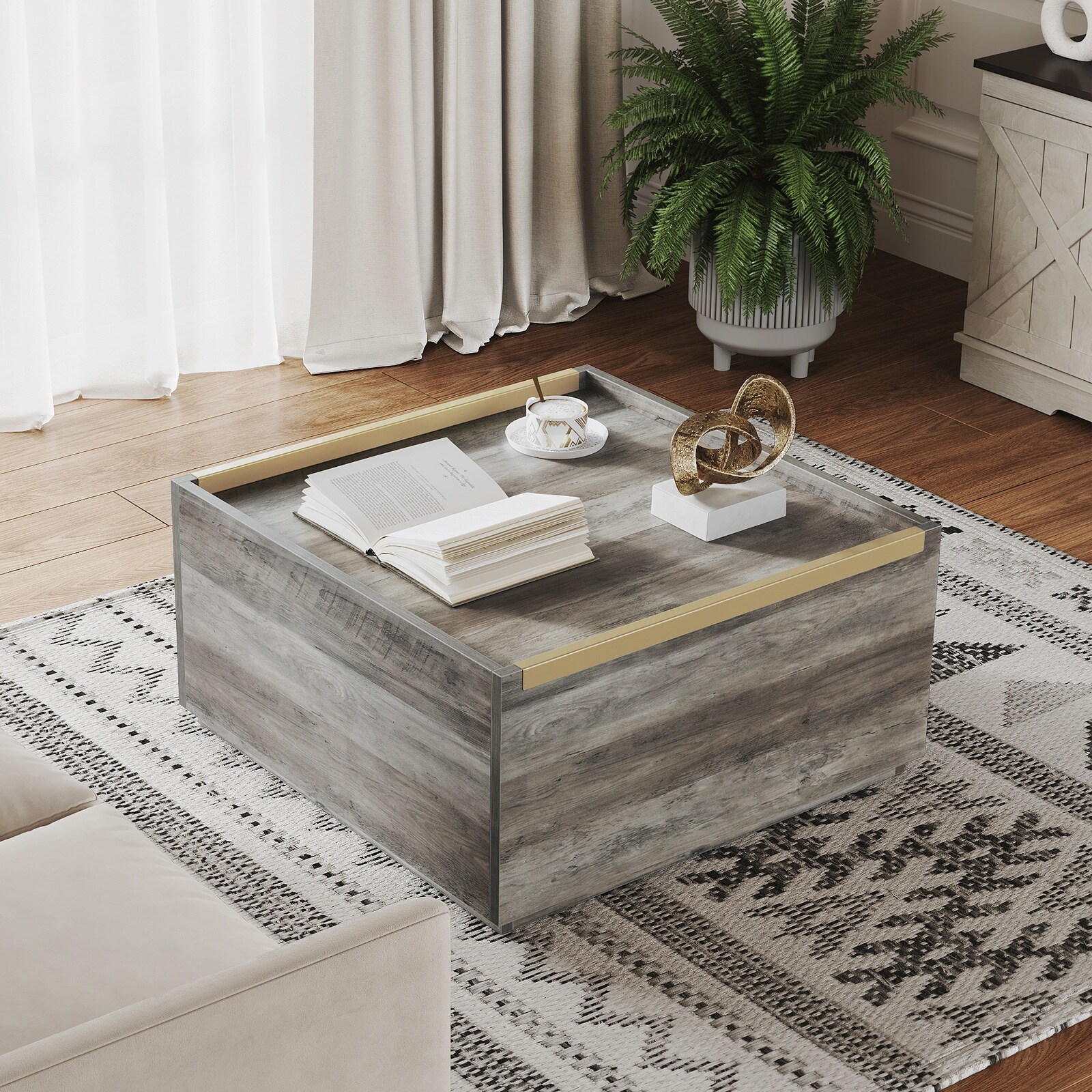 Farmhouse Wood Square Coffee Table with Hidden Storage Gold Metal Handle Grey