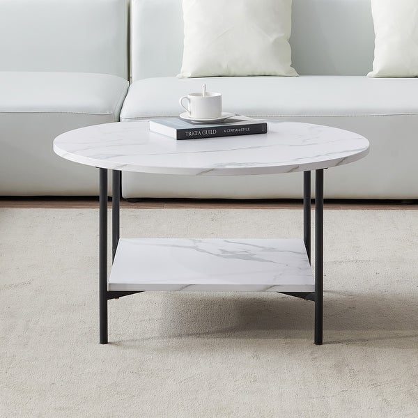 Modern Round Coffee Table with Storage Metal Frame with Marble Color Top-31.5