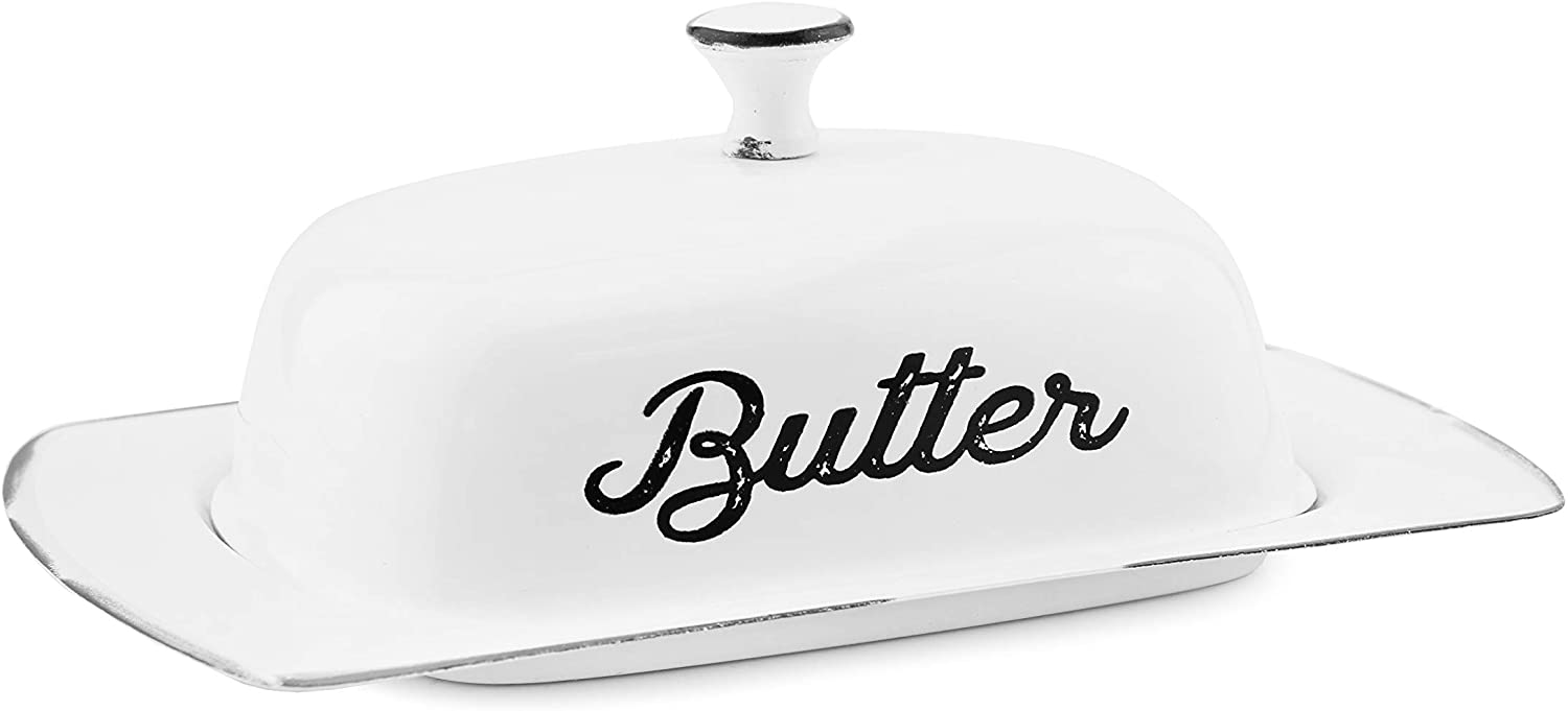 AuldHome Farmhouse White Butter Dish， Vintage Style Enamelware Butter Dish with Cover