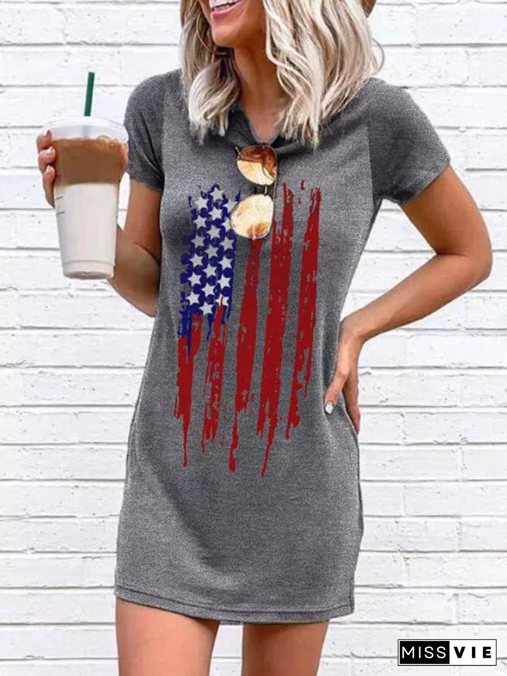 Round Neck Flag Printed Slim Dress