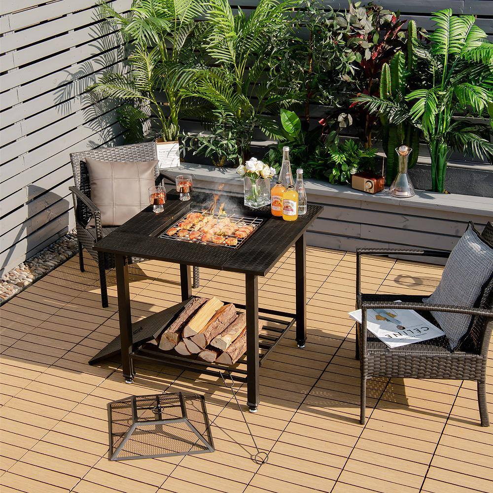 Costway 31 in. Outdoor Steel Fire Pit Dining Table Charcoal Wood Burning WCooking BBQ Grate OP70937