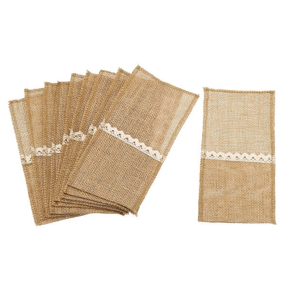 10Pcs Burlap Lace Utensil Holder Knife Fork Bag Cutlery Pouch for Wedding Party - Light Brown