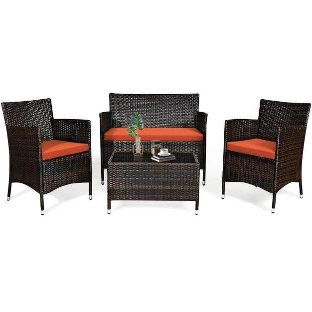 Tangkula 4pcs Patio Rattan Conversation Furniture Set Outdoor W Orange Cushion