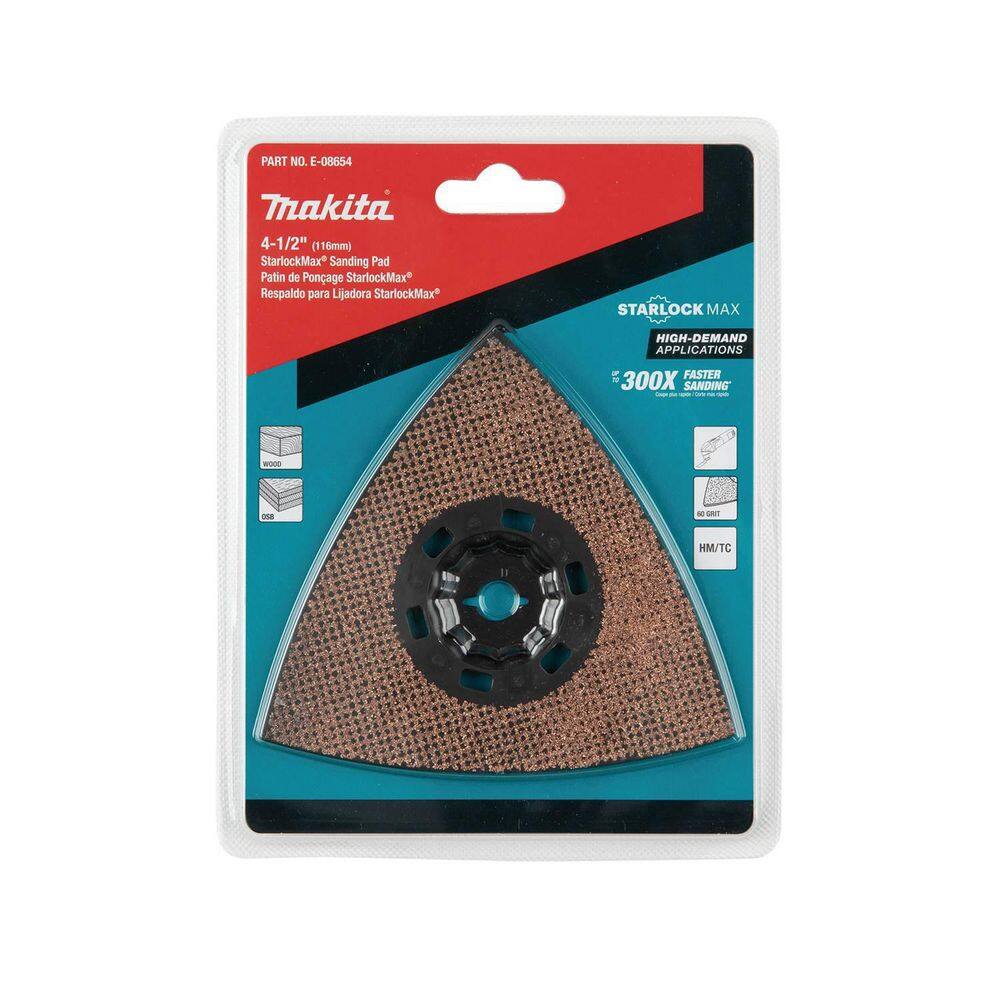 Makita StarlockMax Oscillating Multi-Tool 4-12 in. Tungsten Carbide 60 Grit Delta Triangle Sanding Pad E-08654