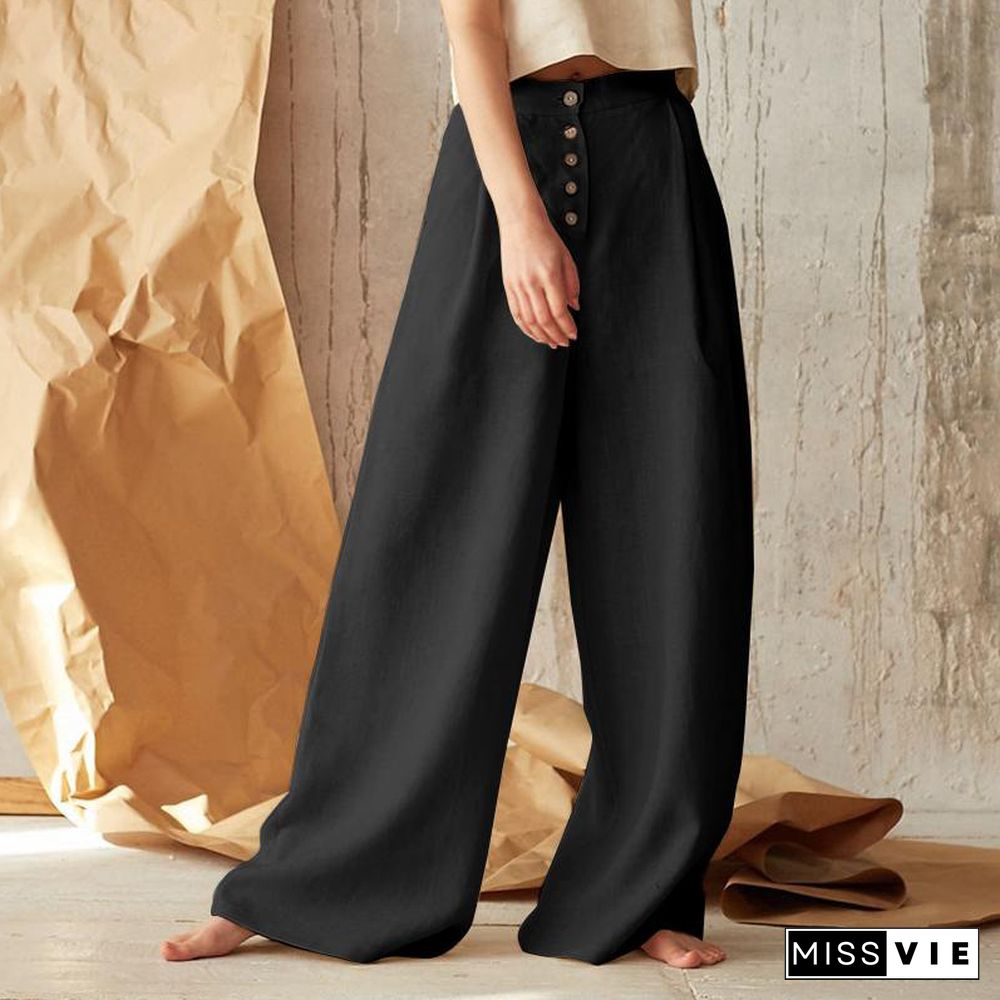 Summer High Waist Cotton Linen Button Simple Trousers Fashion Street Loose Solid Wide Leg Pants Casual Pleated Women Long Pants