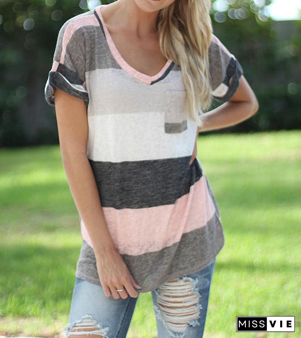 Women V-Neck Printed Striped Short-Sleeved T-shirt Top