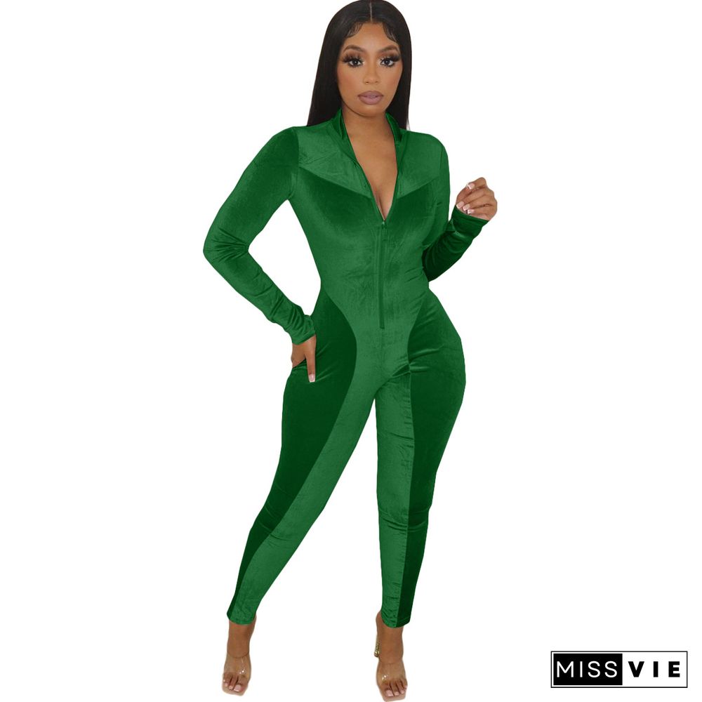 Velvet Patchwork Front Zipper Bodycon Jumpsuit