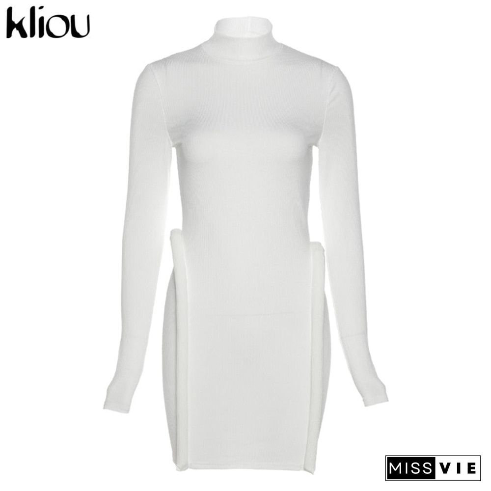 Kliou Knitted Stitching Mini Dress Women Hipster Skinny Three-Dimensional Decoration Bodycon Long Sleeve Turtleneck Streetwear