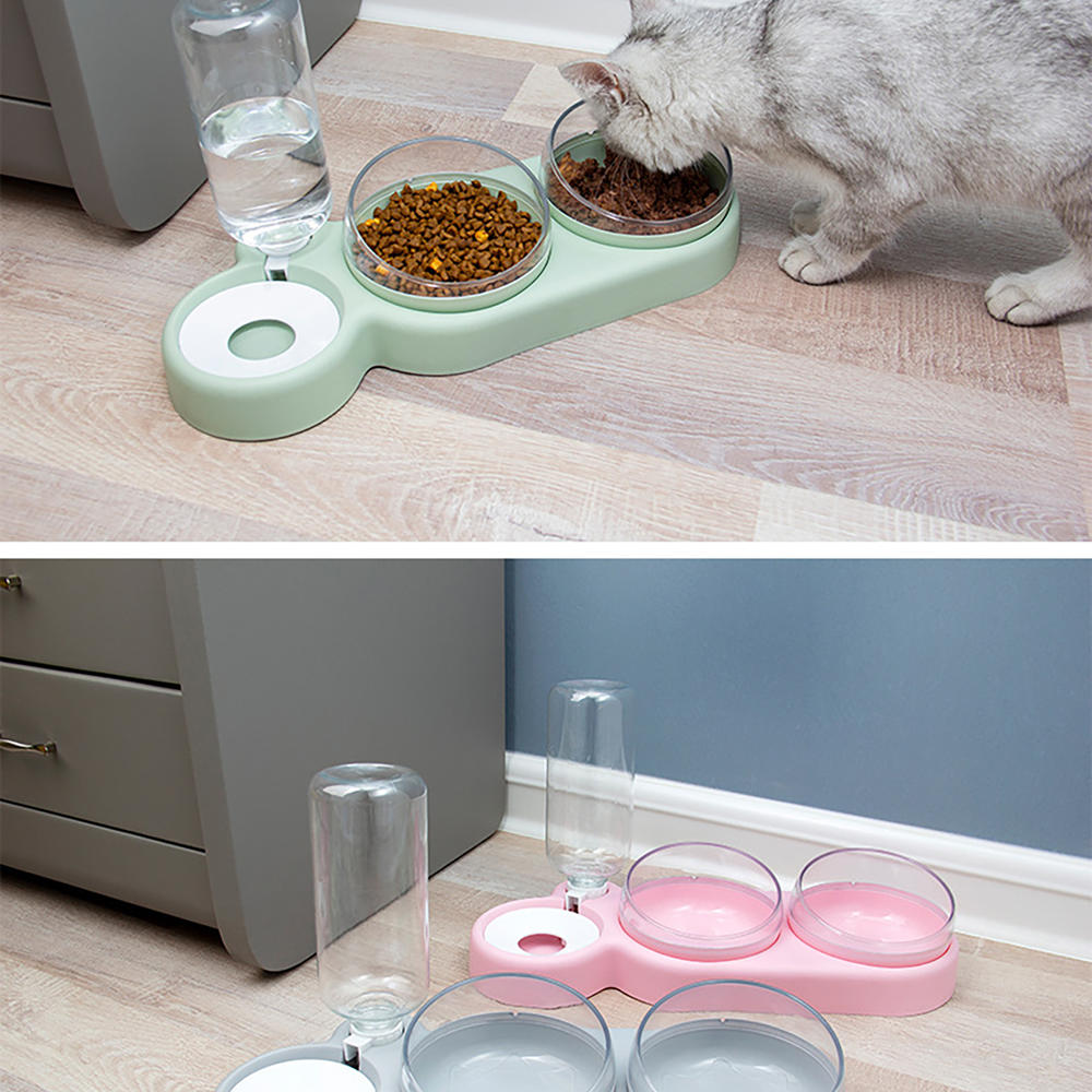 JOYLA Pet Bowl Cat Double Bowls Food Water Feeder with Auto Water Dispenser Dog Cat Food Bowl Drinking Raised Stand Dish Three Bowls