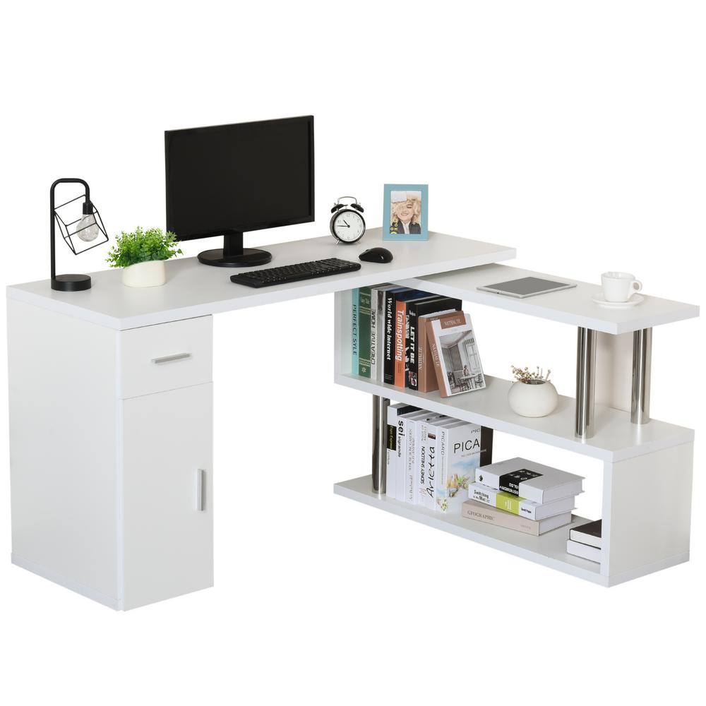 HOMCOM 55 in. L-Shaped White 1-Drawer Writing Computer Desk with Storage Shelves 836-272WT