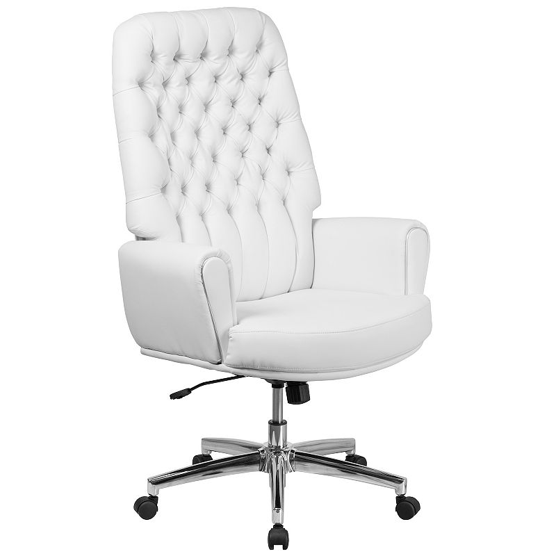 Merrick Lane Moselle White High Back Button Tufted Faux Leather Swivel Home Office Chair with Silver Welt Trimmed Arms