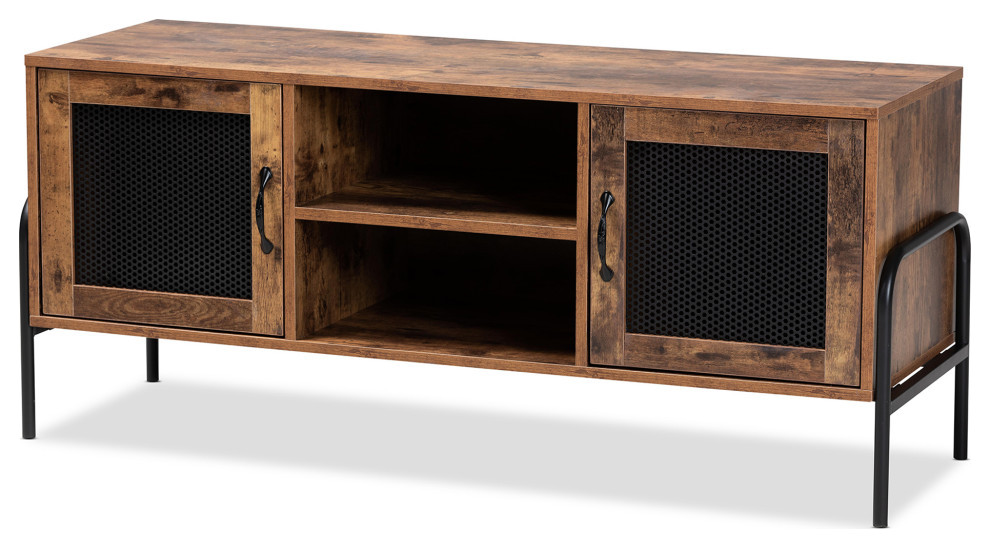 Odile Industrial Walnut Brown Wood and Black Metal   Industrial   Entertainment Centers And Tv Stands   by Baxton Studio  Houzz