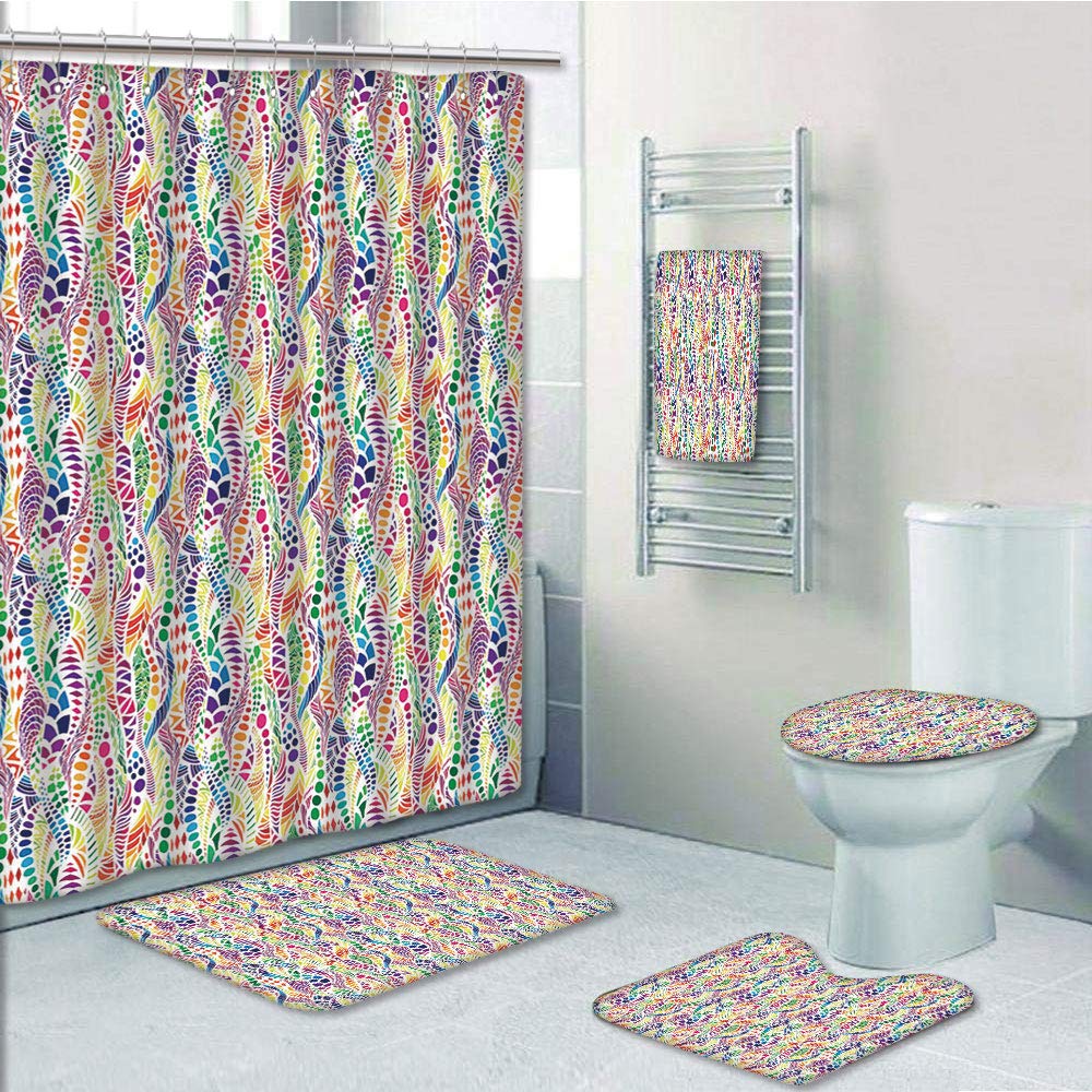 PRTAU Geometric Mixed Mosaic Figures Vivid Nature Inspired Kids Girls Hippie Contrast 5 Piece Bathroom Set Shower Curtain Bath Towel Bath Rug Contour Mat and Toilet Lid Cover