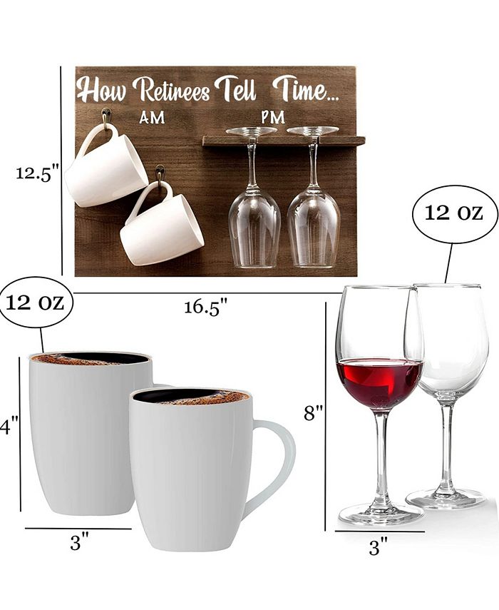 Bezrat How Retirees Tell Time Wall Mounted Wine Rack with Wine Glasses and Coffee Mugs， Set of 5