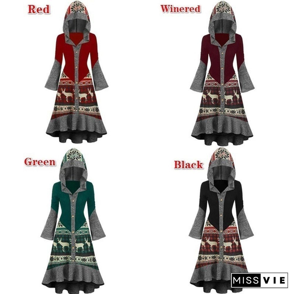 Womens Fashion Christmas Elk Printing Dress Long Section Hooded Ruffled Hem Cloak Knitted Dress Plus Size XS-5XL