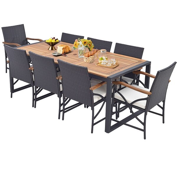 Costway 9 Pieces Patio Rattan Dining Set with Acacia Wood Table，1.9