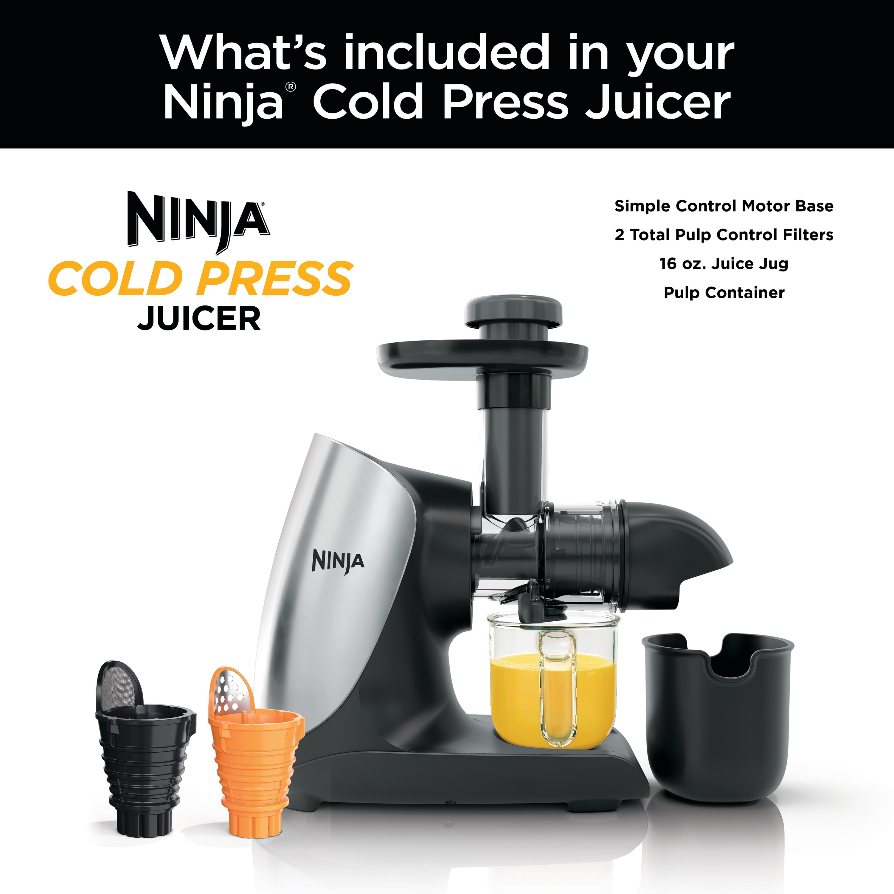 Ninja Cold Press Juicer Pro - Powerful Slow Juicer with Total Pulp Control - Cloud Silver， JC100