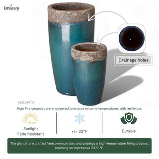 Emissary Tall 18 in. D x 34 in. H ReefTeal Ceramic Round Planter with Drainage Hole 12184RT-2