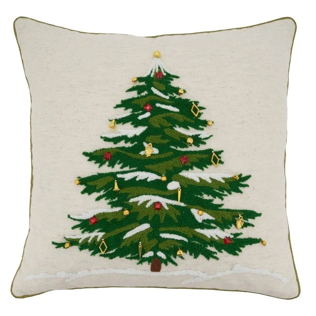 Embroidered Christmas Tree Poly Filled Square Throw Pillow