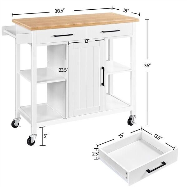 Mobile Kitchen Island Kitchen Cart with Bamboo Top and Storage Cabinets and Drawer