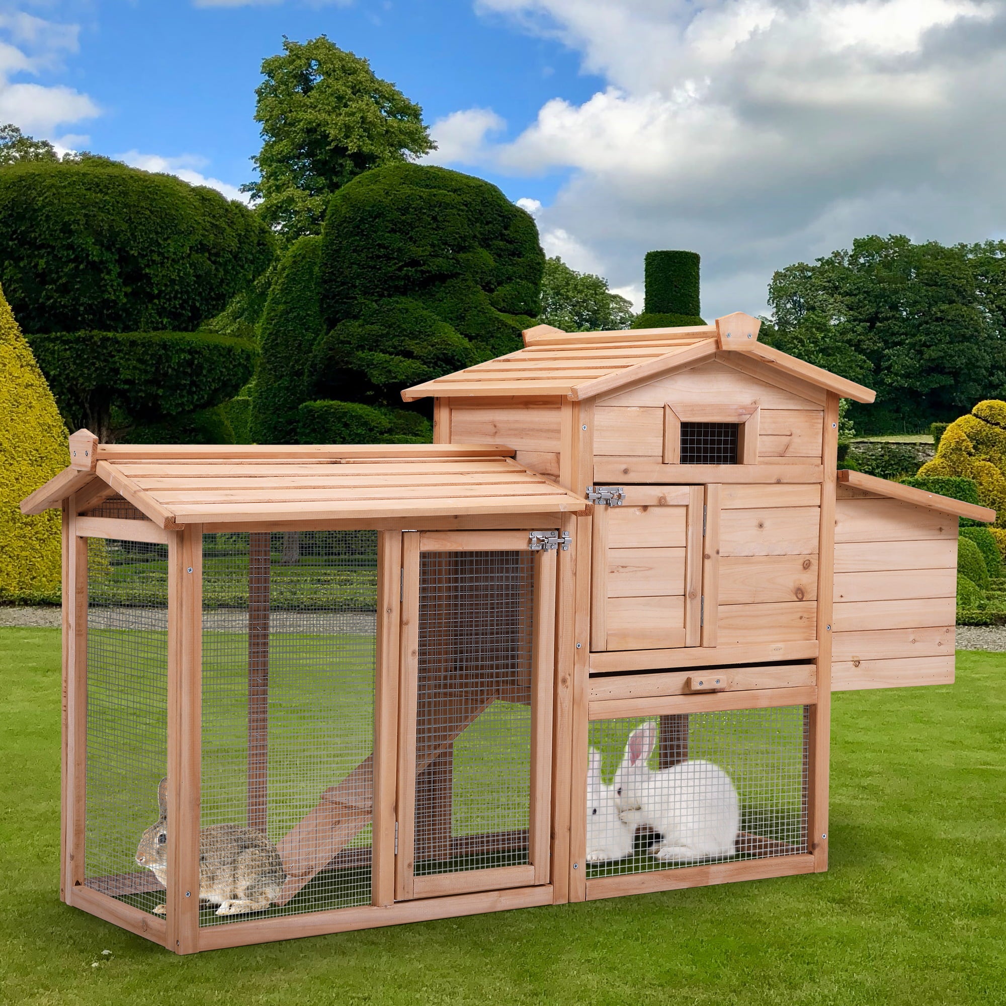 Vivifying Rabbit Hutch， Outdoor Wooden Pet Bunny House Wooden Cage with Ventilation Gridding Fences， Openable Door， Crib for 2 Rabbits， Original Wood