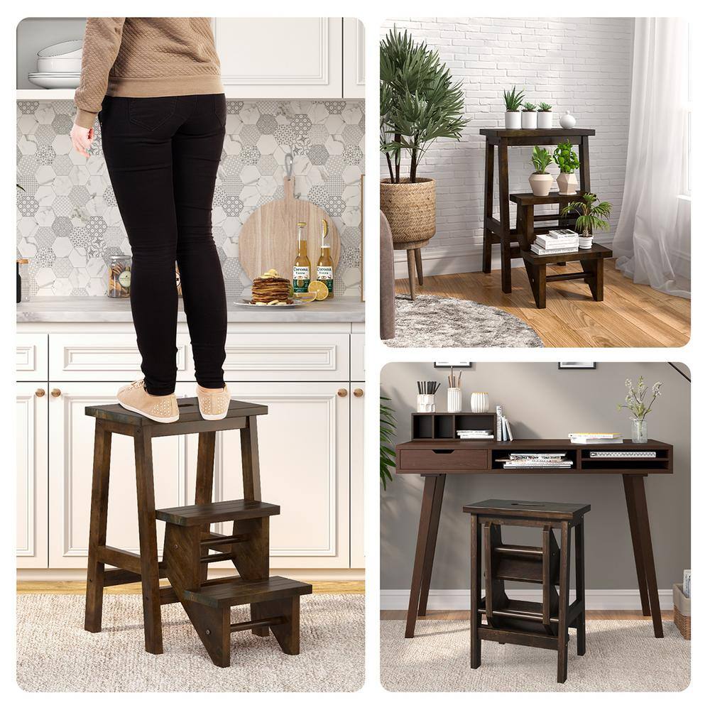 WELLFOR 3-Step Rubber Wood Step Stool 200 lbs. with Convenient Handle in Coffee JV-HGY-10097BN