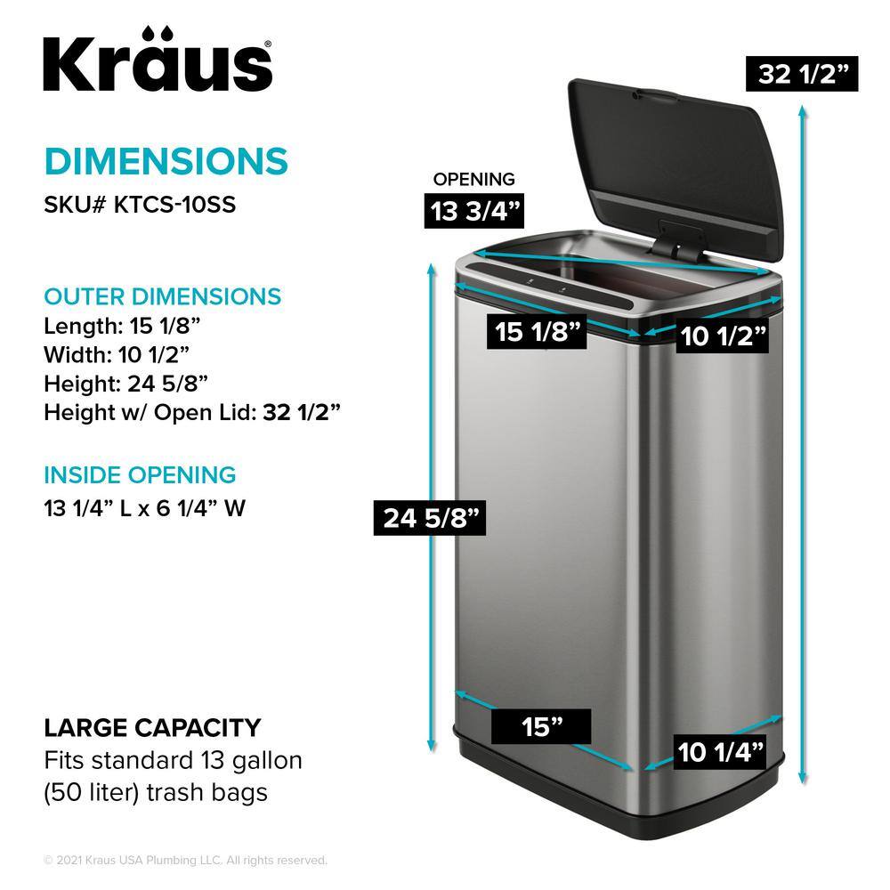 KRAUS Garbage Pro Rectangular 13 Gal. Motion Sensor Trash Can in Stainless Steel with Soft Shut Lid KTCS-10SS