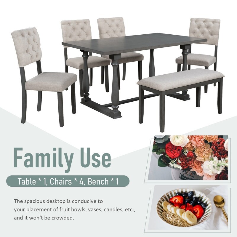 6 Piece Dining Table and Chair Set with Special shaped Legs and Foam covered Seat Backs   Cushions