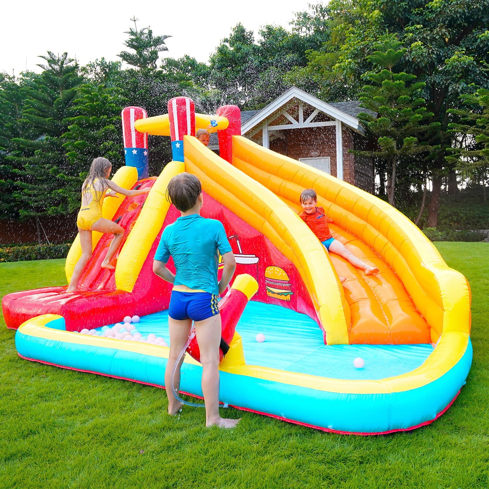 ametoys Inflatable Slide Backyard Park with Climbing Wall, Pool, Cannon, Heavy Duty Blower, Sprinkler, Stakes, Patches, Storage Bag for Outdoor Summer Fun