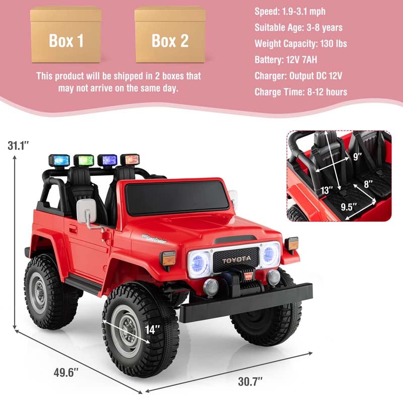 Licensed Toyota FJ40 2-Seater Kids Ride On Truck 12V Battery Powered Electric Riding Toy Car with Laser Lights