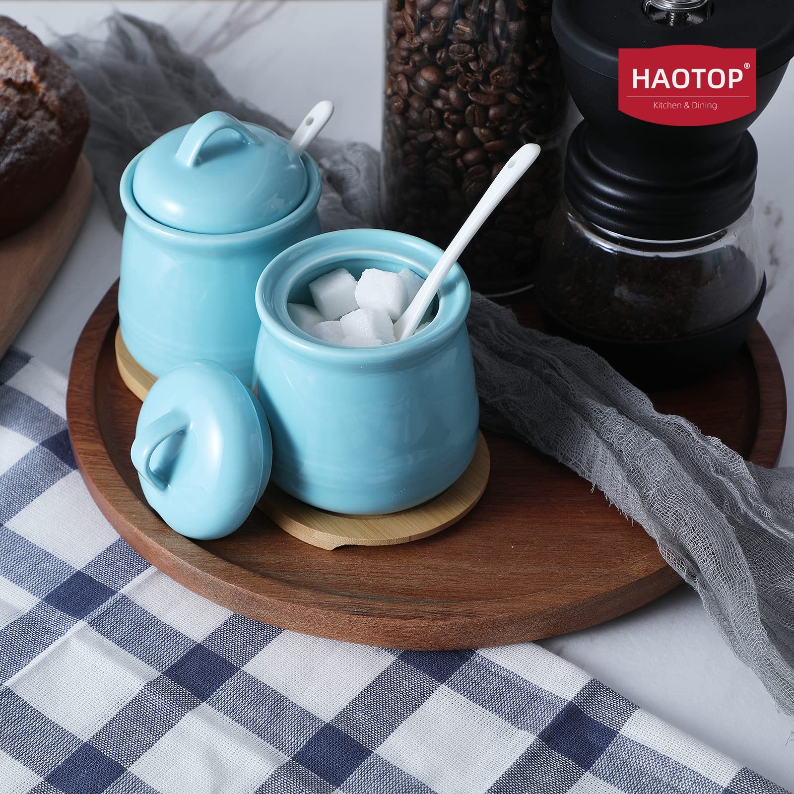 HAOTOP Ceramic Sugar Bowl 2 Pack ， PorcelainJar with Tray， Spoon and Lid for Sugar， Pepper， Coffee， Spice， Salt 12 Ounces，Blue