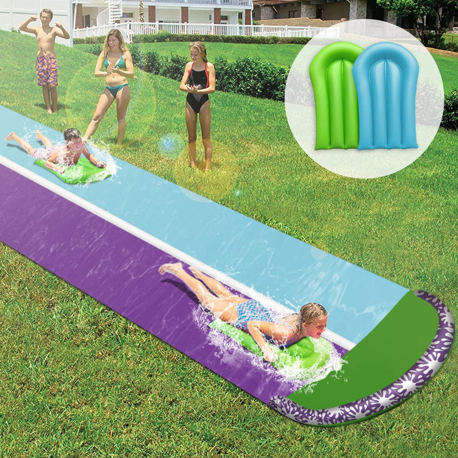 Terra Durable Water Slides for Kids 16 FT Inflatable Water Slide with 2 Surfboards Waterslide And Build in Sprinkler for Summer Entertainment, Purple