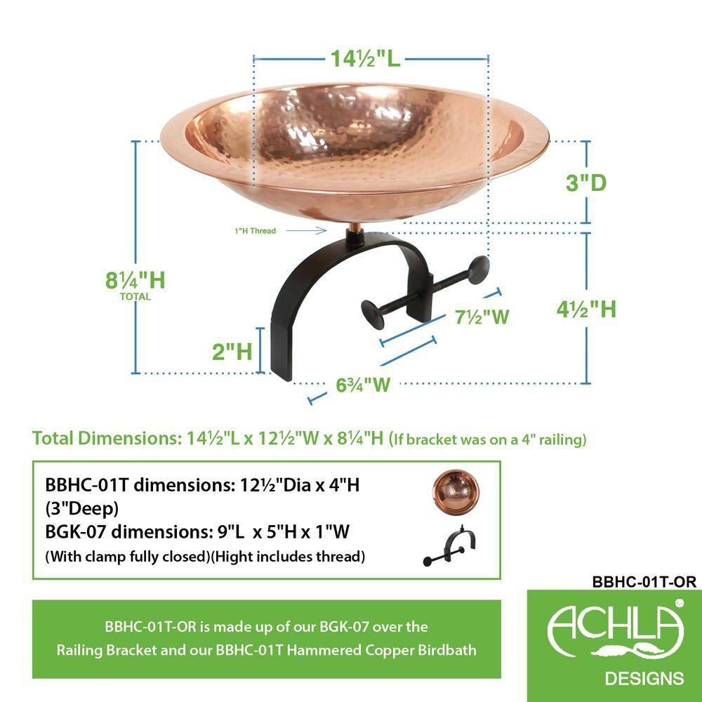 Achla Designs 14.5 in. W Polished Copper Plated Hammered Copper Birdbath with Over Rail Bracket BBHC-01T-OR