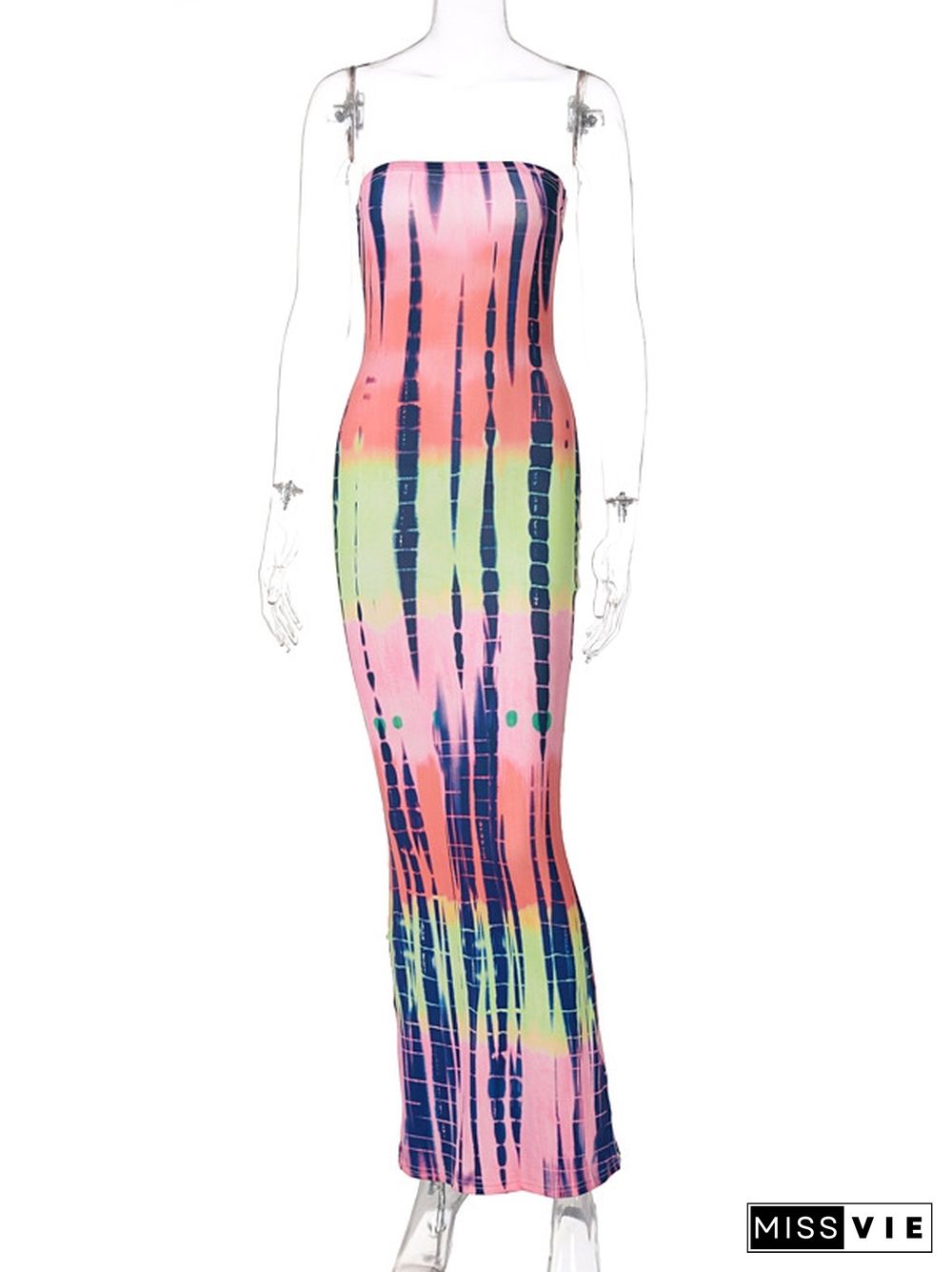 Tie Dye Skinny Strapless Maxi Dresses For Women Casual Street Sleeveless Sexy Tube Clubwear Party Birthday Dress Summer Clothes