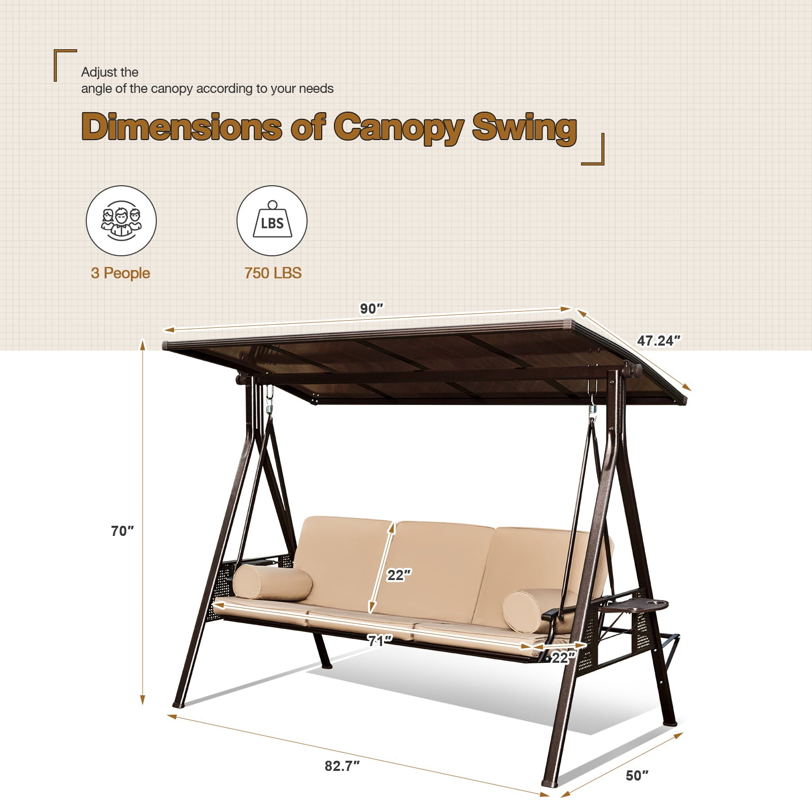 Yoleny Outdoor Patio Porch Swing, 3-Seat Extended Edition, Adjustable Backrest, Rotatable Hardtop Canopy, Swing Chair with Side Cup Holder, Cushions and Pillow, for Backyard Lawn, Beige