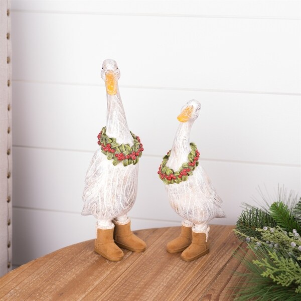 Set of 2 Goose With Boots Wreath Christmas Tabletop Figurines 11.5